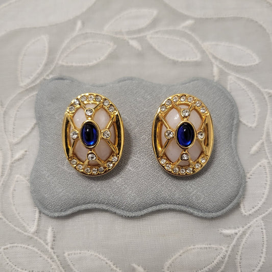 Clip on - Vintage Blue and White Cabochon Lattice Clip On Earrings