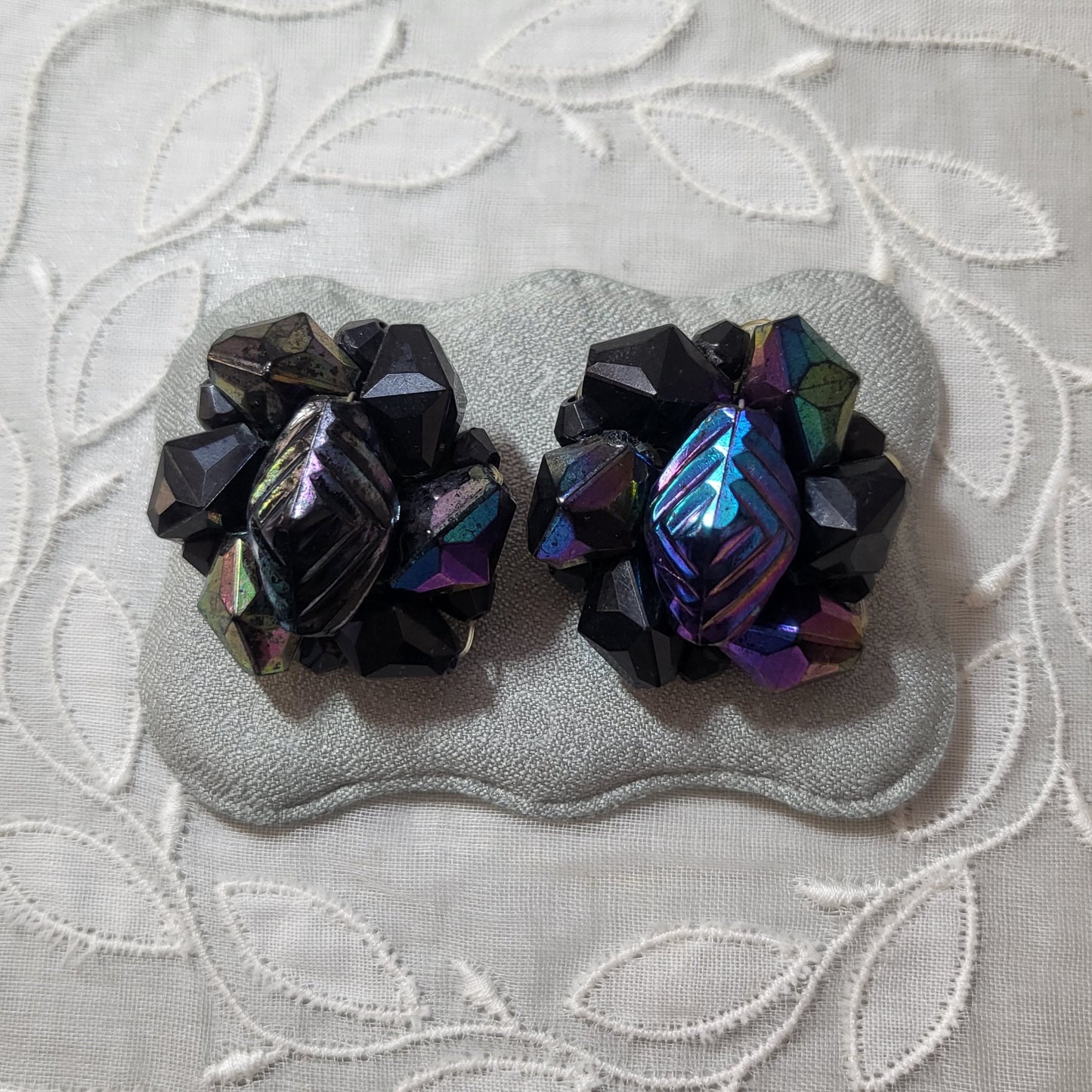 Clip on - Western Germany Black Aurora Borealis Beads Clip On Earrings