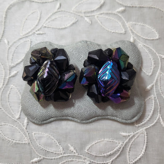 Clip on - Western Germany Black Aurora Borealis Beads Clip On Earrings