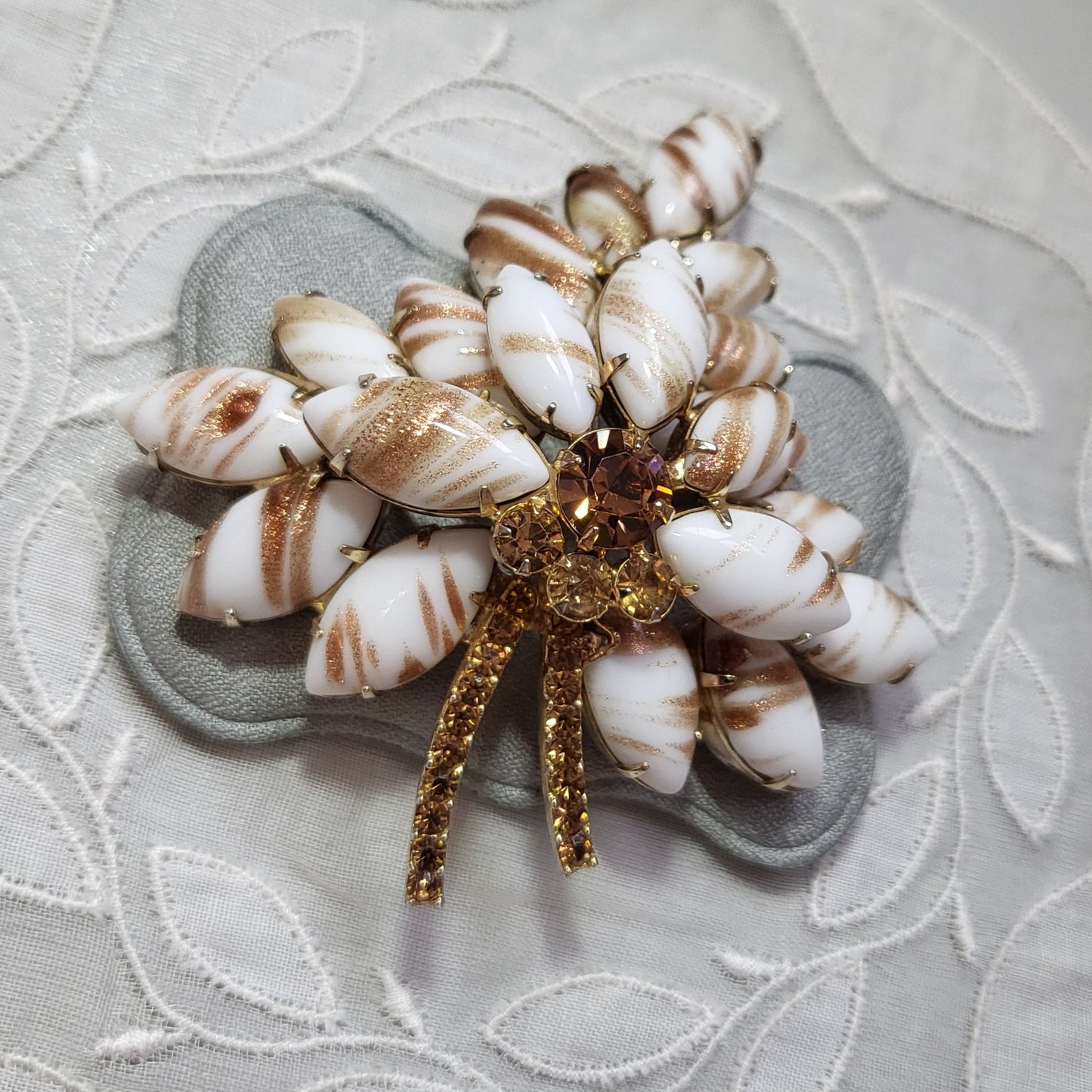 Brooch - Gold and White Glass Leaf Statement Brooch