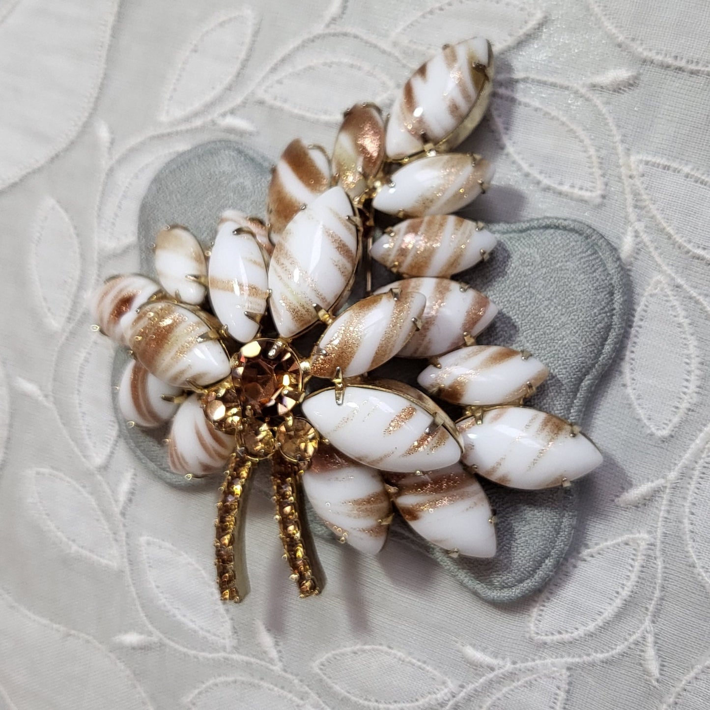 Brooch - Gold and White Glass Leaf Statement Brooch
