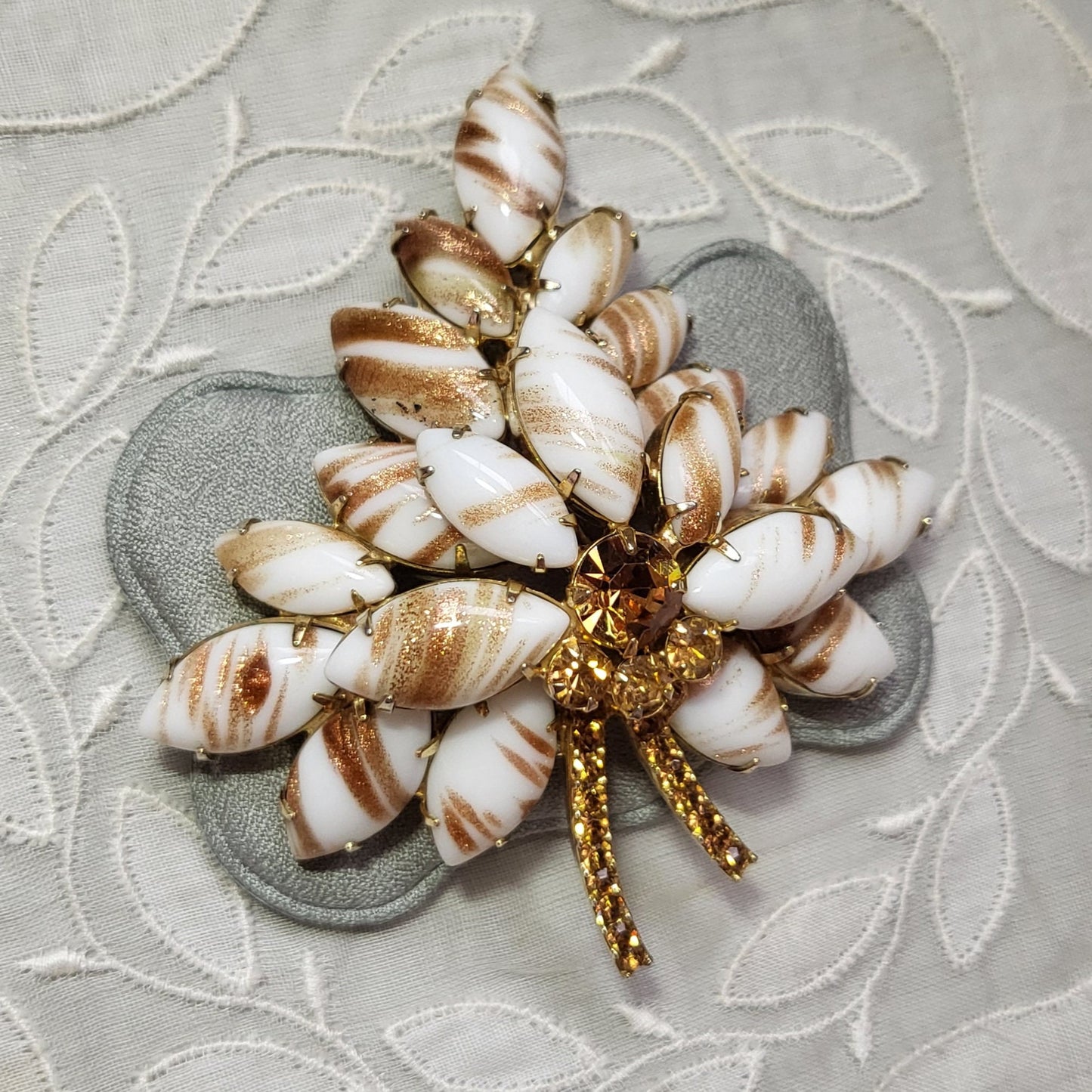 Brooch - Gold and White Glass Leaf Statement Brooch