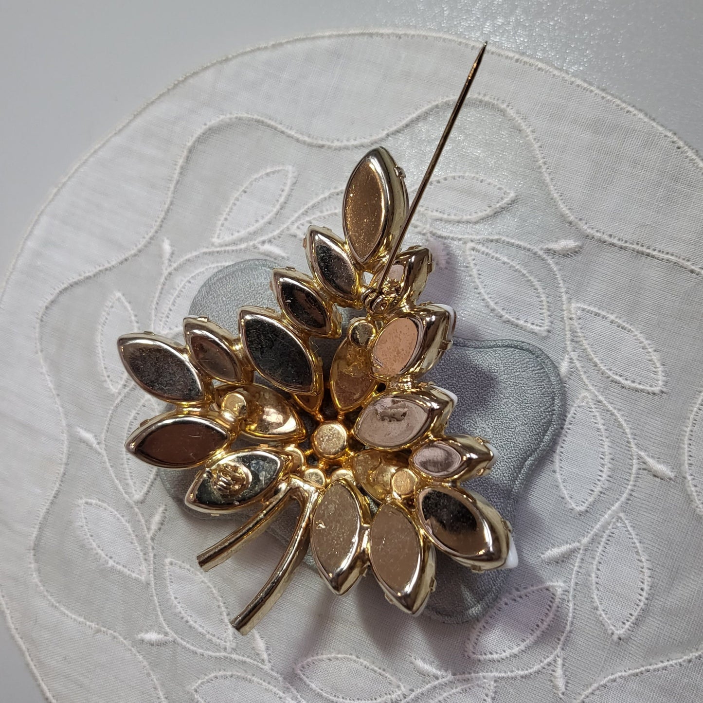 Brooch - Gold and White Glass Leaf Statement Brooch