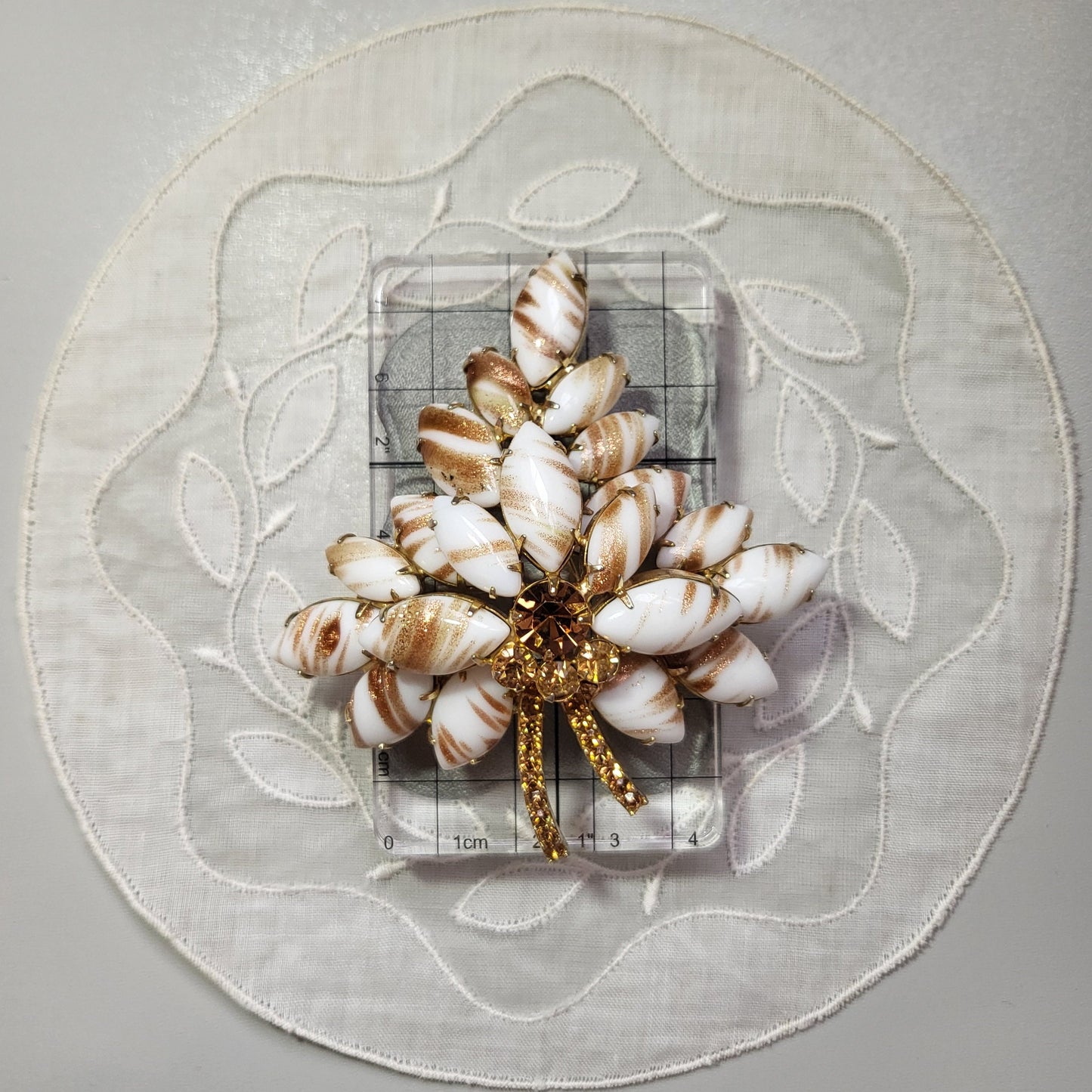 Brooch - Gold and White Glass Leaf Statement Brooch