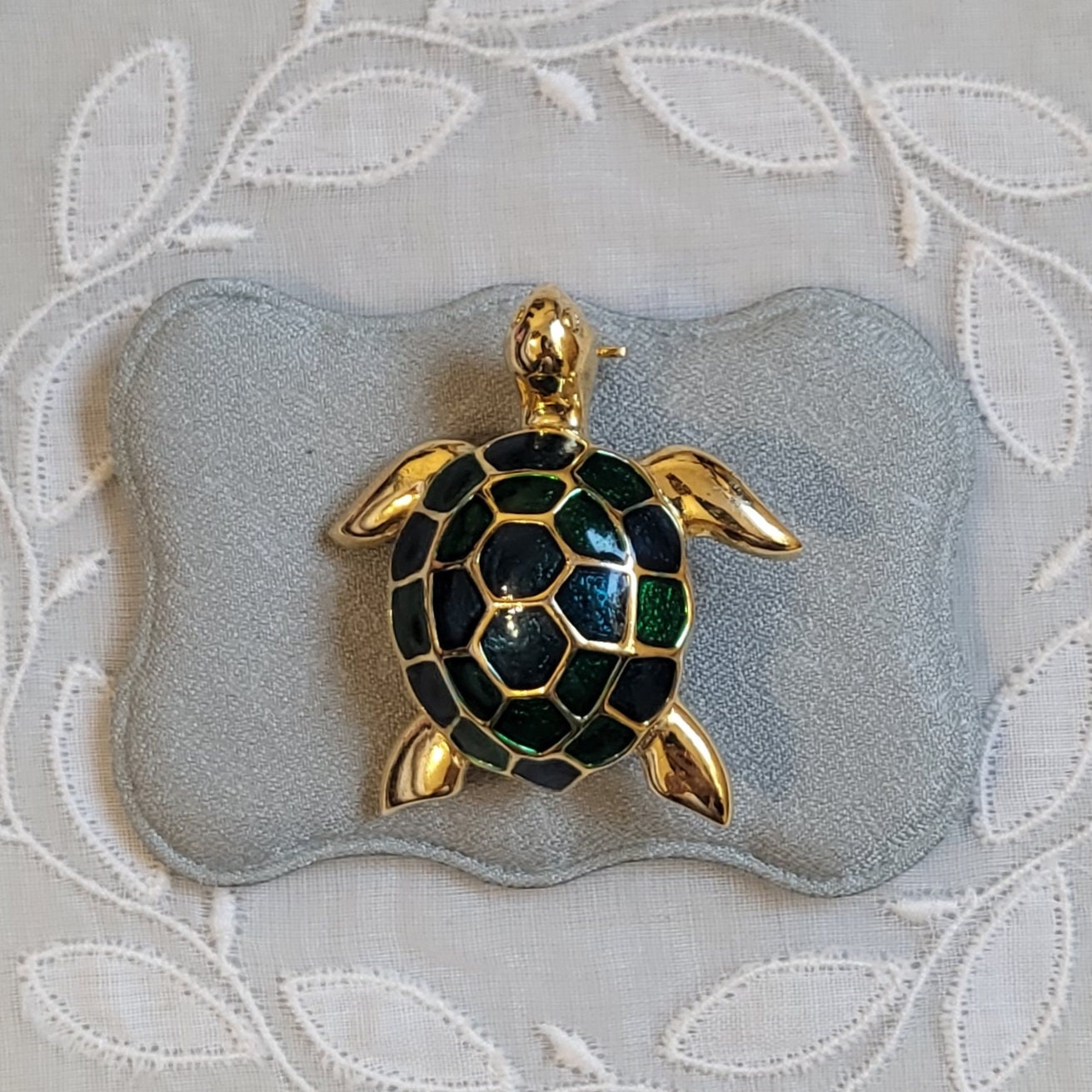 Brooch - Green and Blue Enamel Turtle Brooch