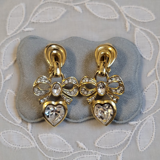 Clip on - Crystal Bow and Heart Drops Statement Clip on Earrings