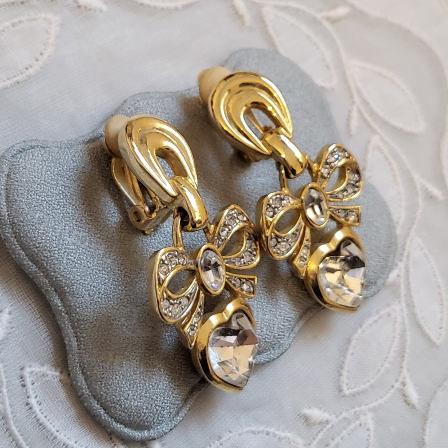 Clip on - Crystal Bow and Heart Drops Statement Clip on Earrings