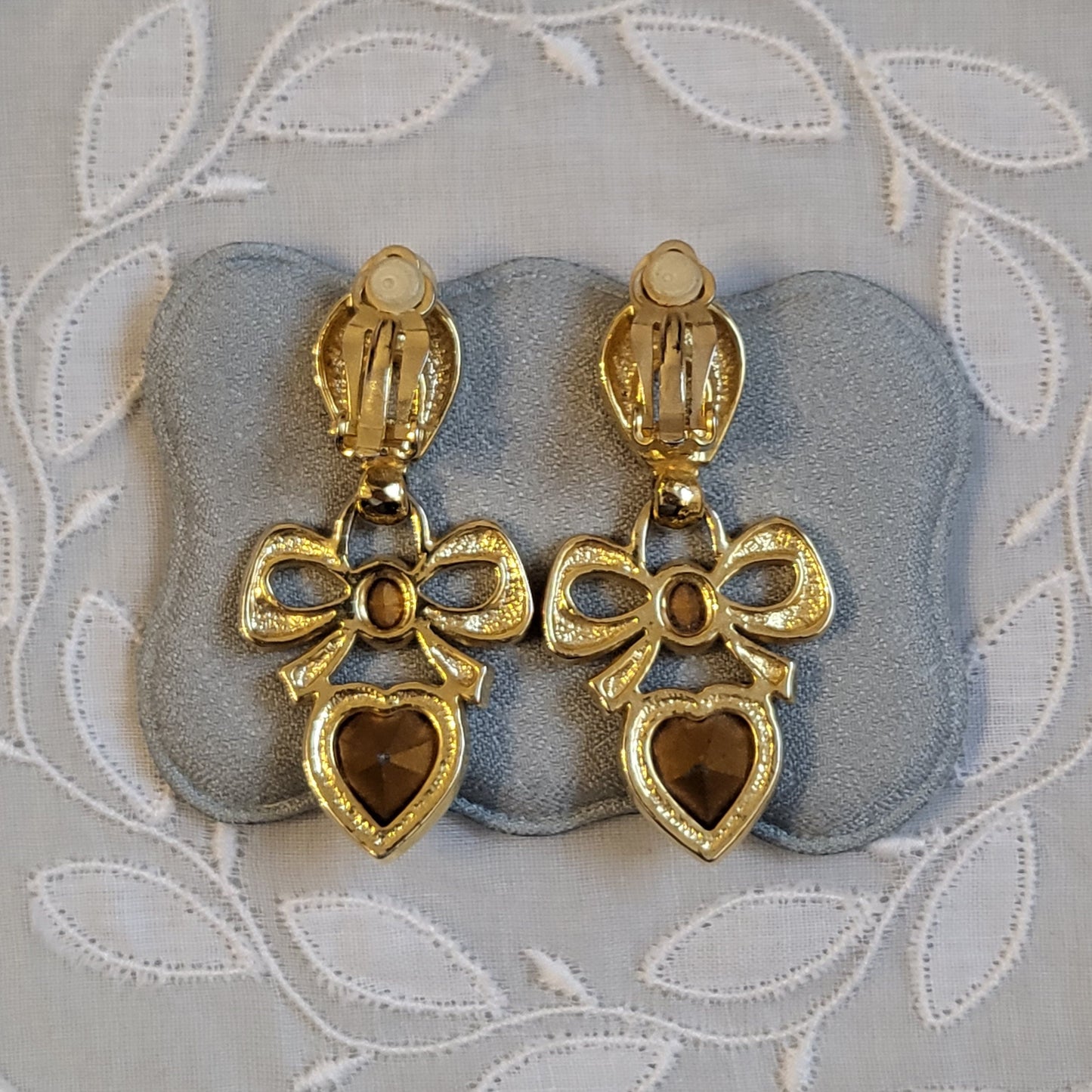 Clip on - Crystal Bow and Heart Drops Statement Clip on Earrings