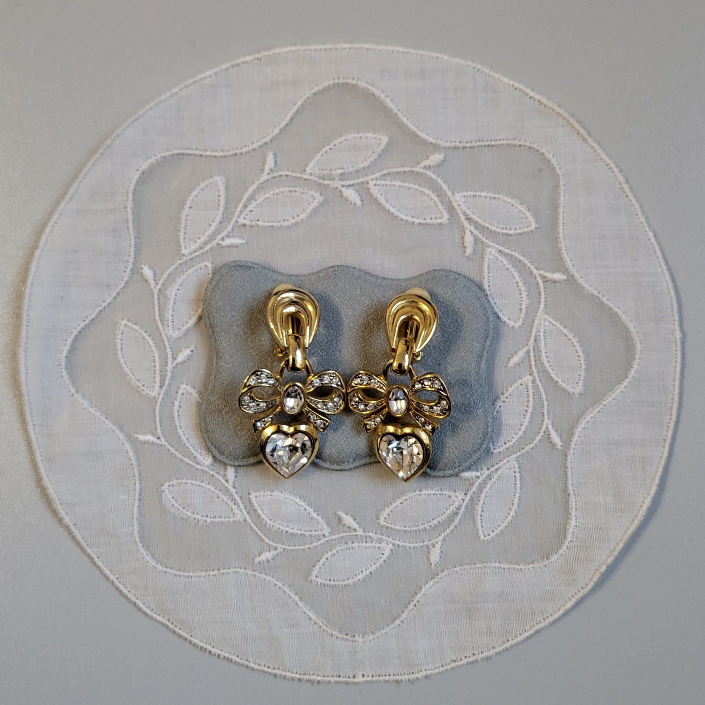 Clip on - Crystal Bow and Heart Drops Statement Clip on Earrings