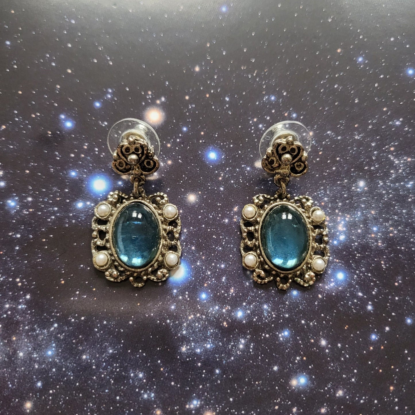 Posts - Filigree Style Blue Cabochon and Pearls Drop Earrings