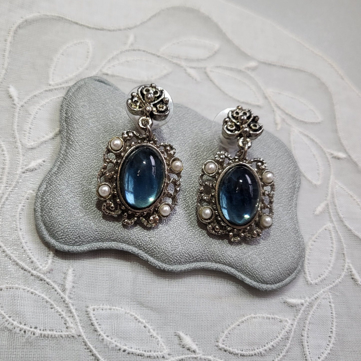 Posts - Filigree Style Blue Cabochon and Pearls Drop Earrings