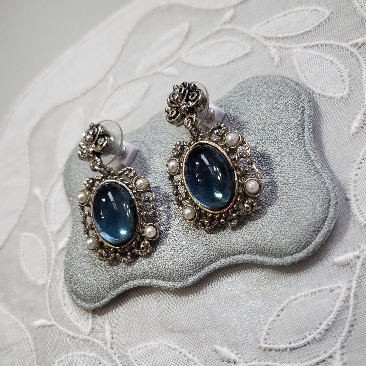 Posts - Filigree Style Blue Cabochon and Pearls Drop Earrings