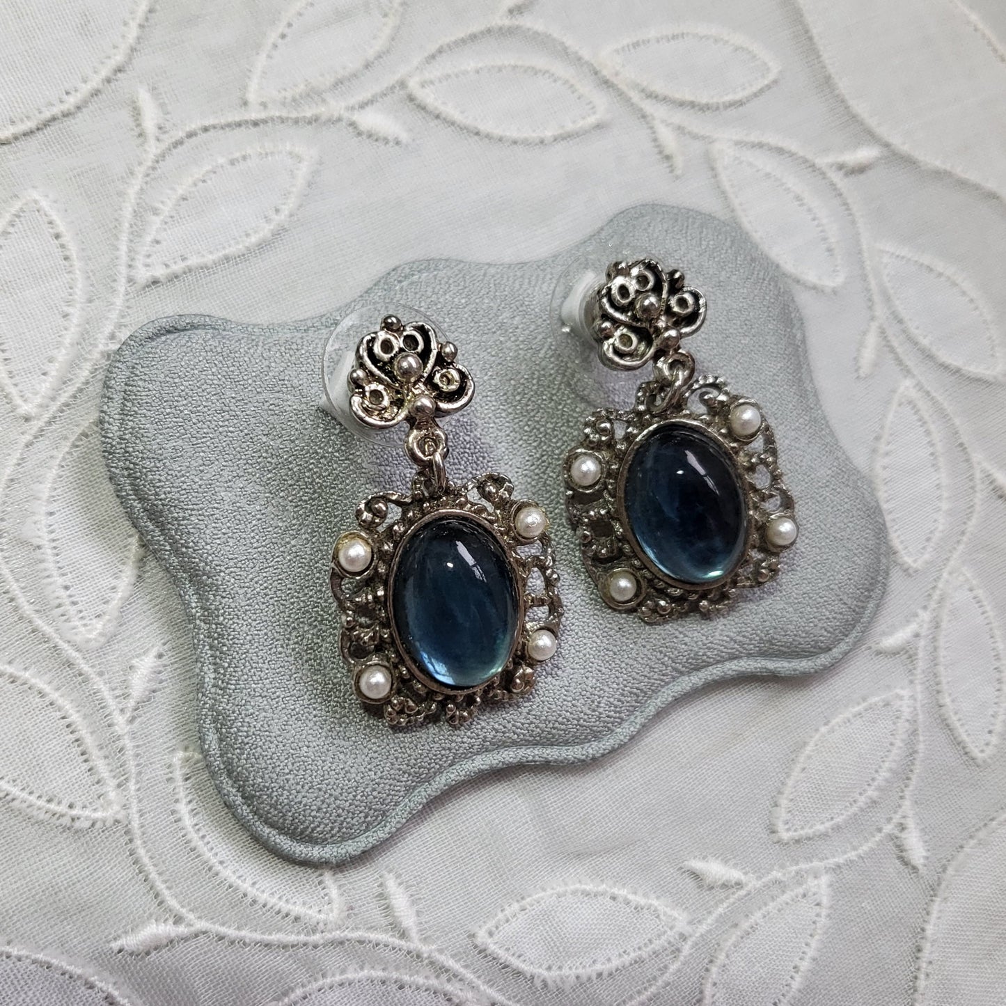 Posts - Filigree Style Blue Cabochon and Pearls Drop Earrings