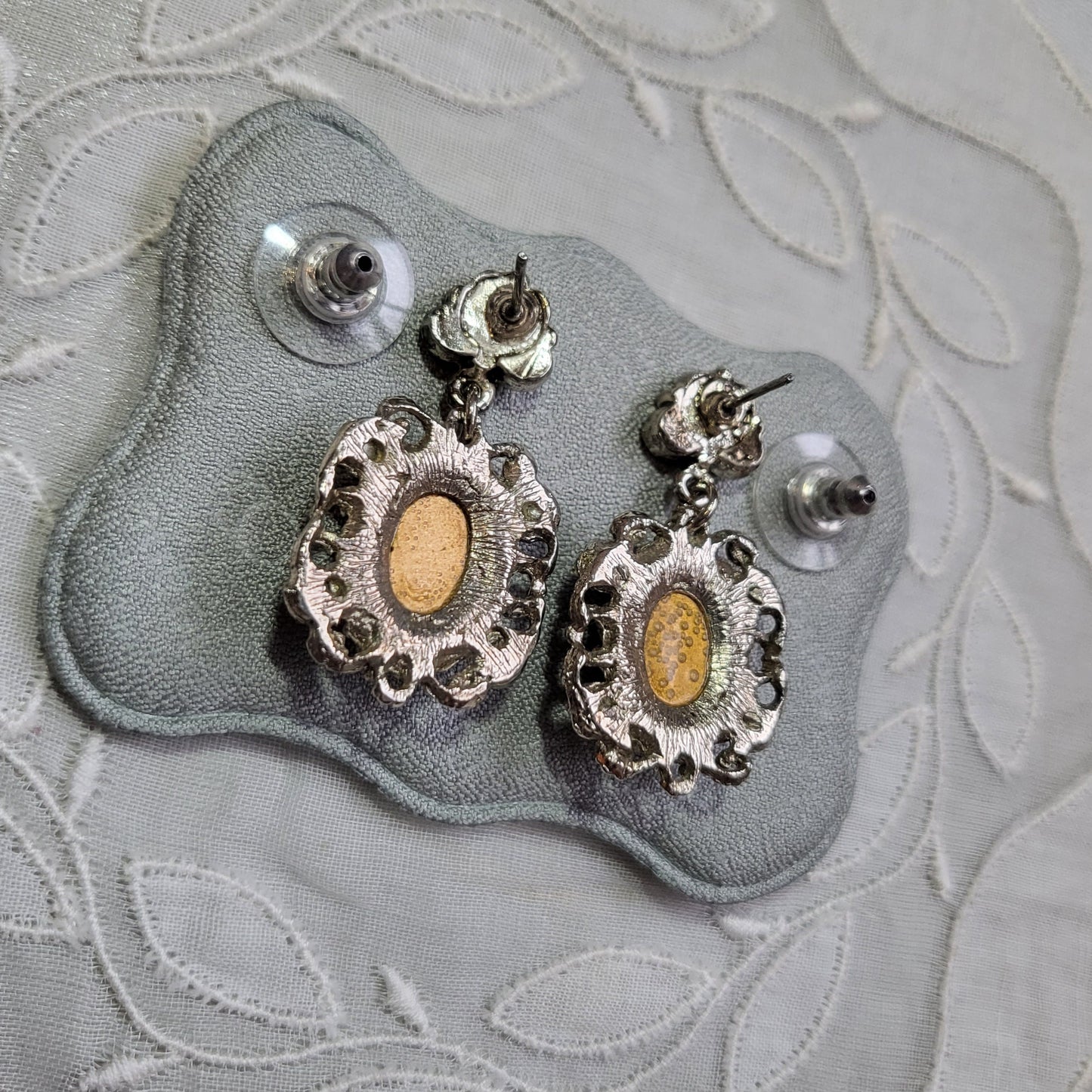 Posts - Filigree Style Blue Cabochon and Pearls Drop Earrings