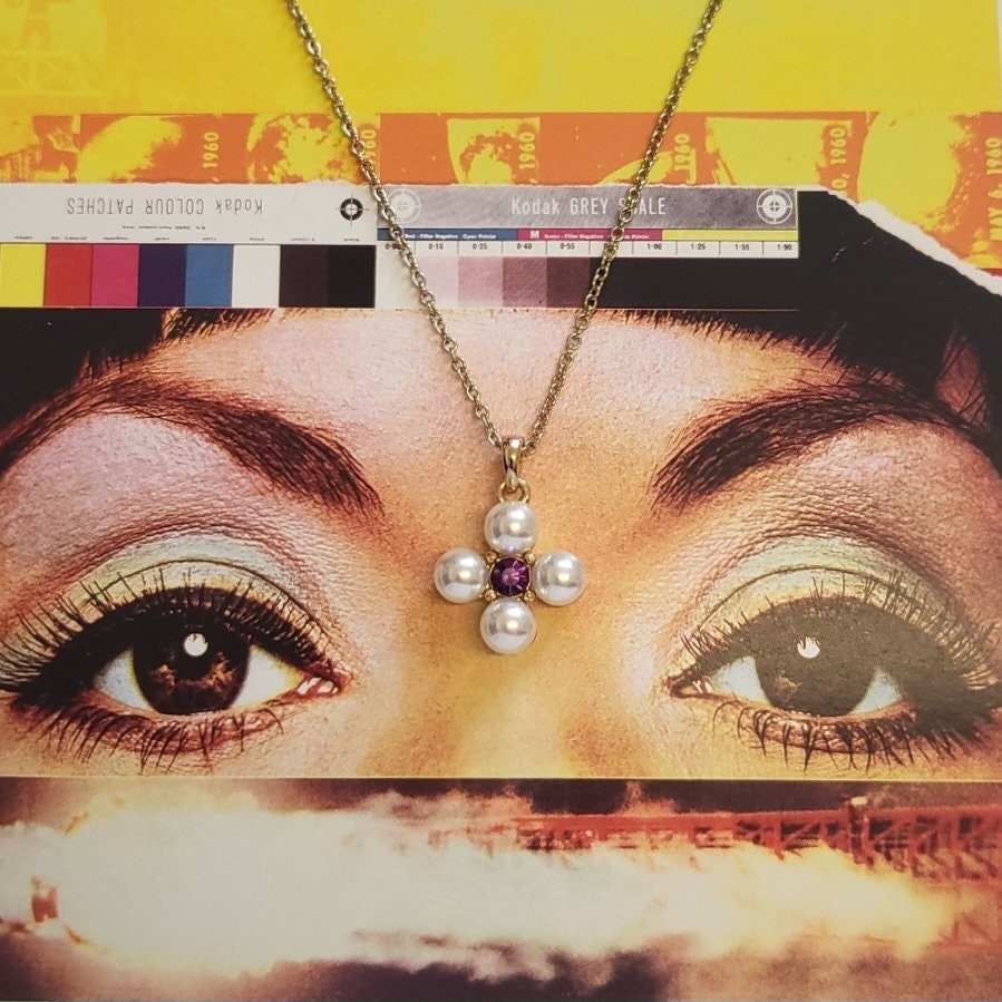 Necklace - Avon SHB Pearl and Purple Crystal Maltese Cross Pendant Necklace