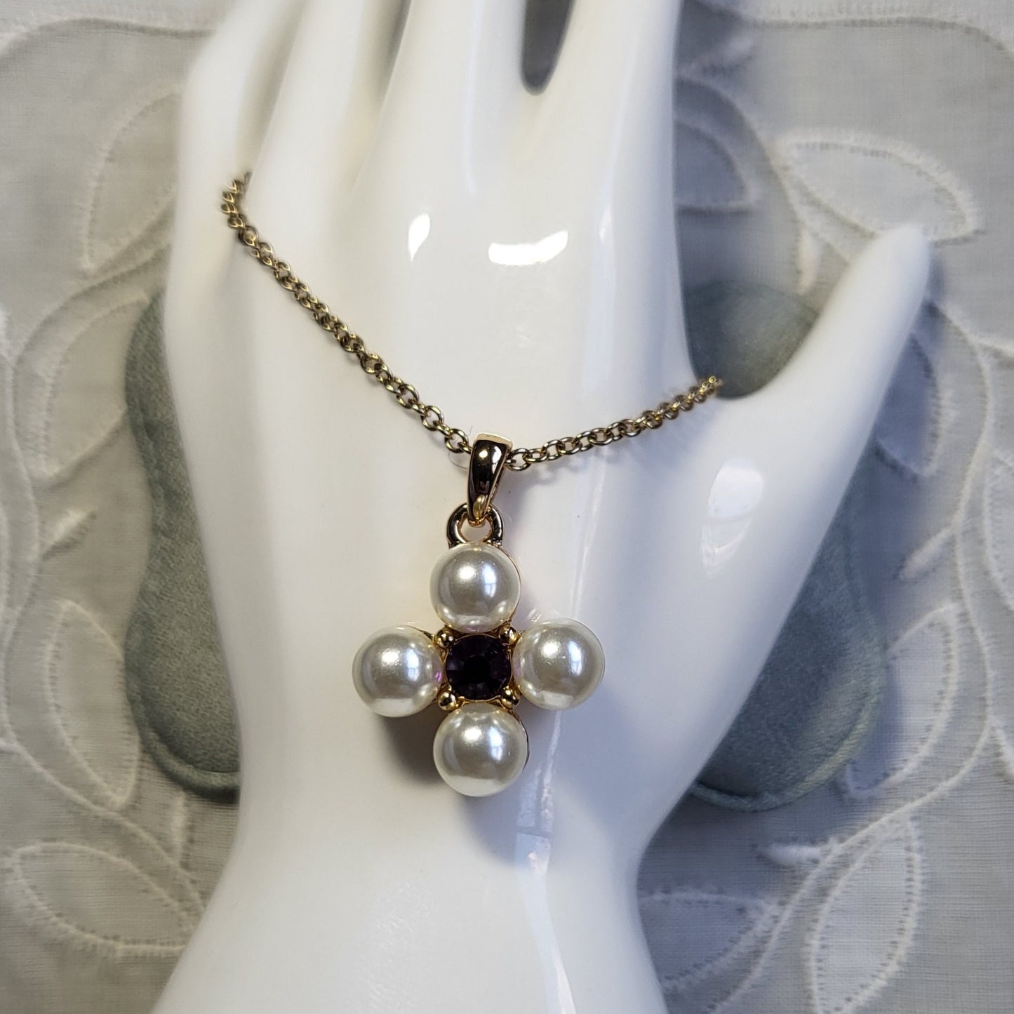 Necklace - Avon SHB Pearl and Purple Crystal Maltese Cross Pendant Necklace
