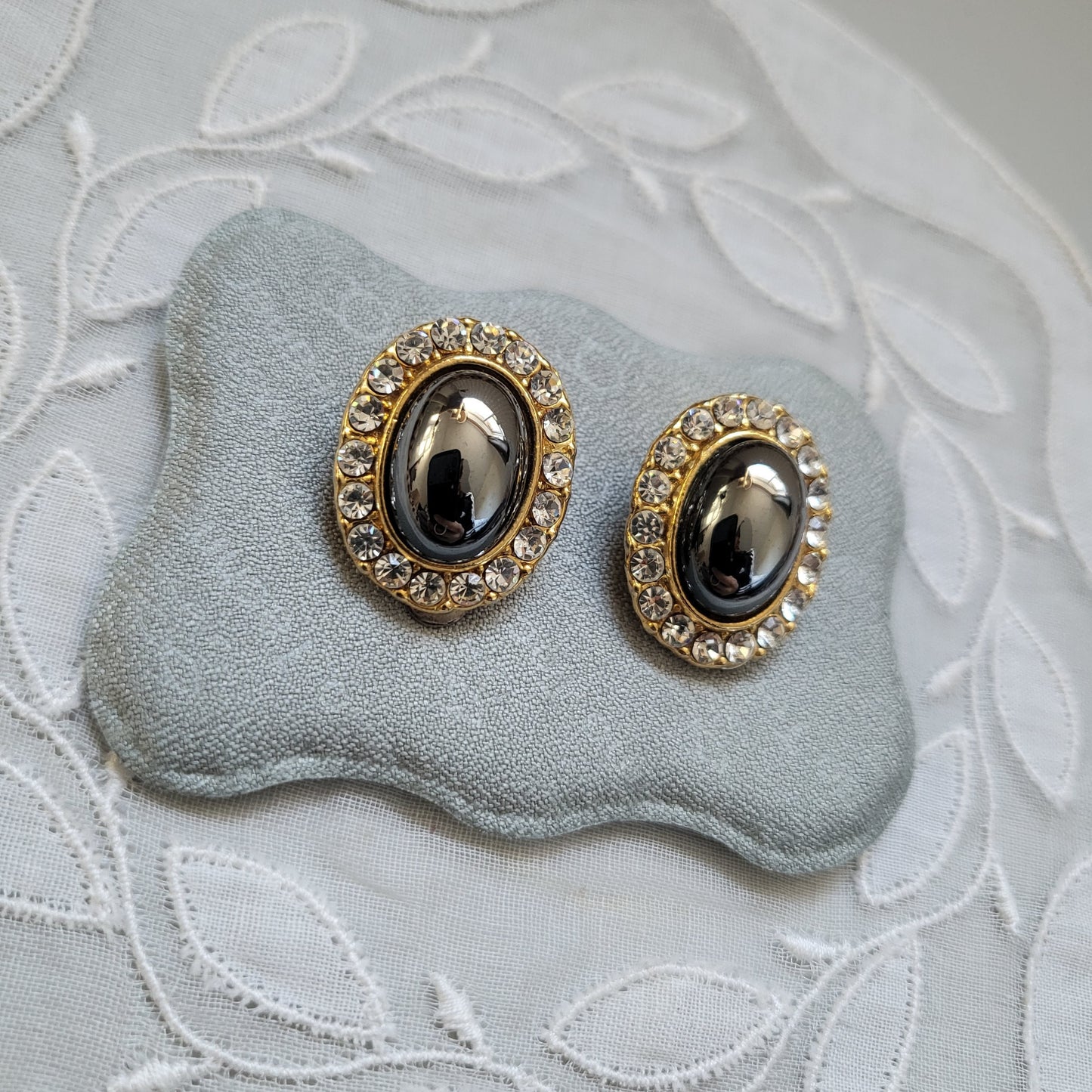 Clip on - Hematite Cabochon Crystal Clip on Earrings