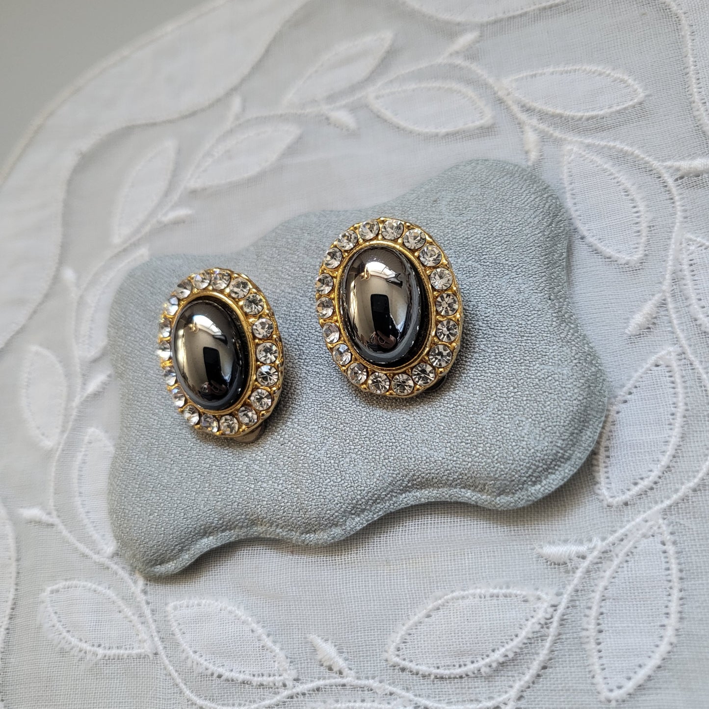 Clip on - Hematite Cabochon Crystal Clip on Earrings