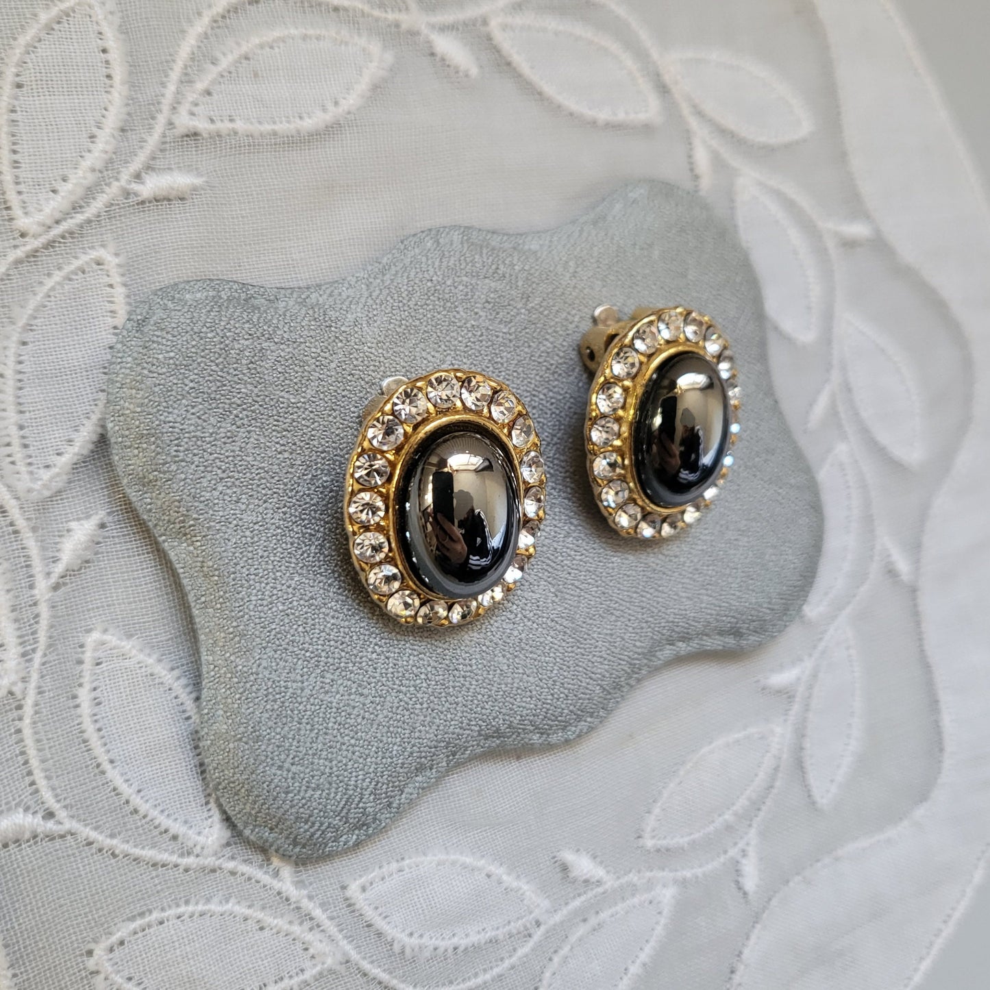 Clip on - Hematite Cabochon Crystal Clip on Earrings