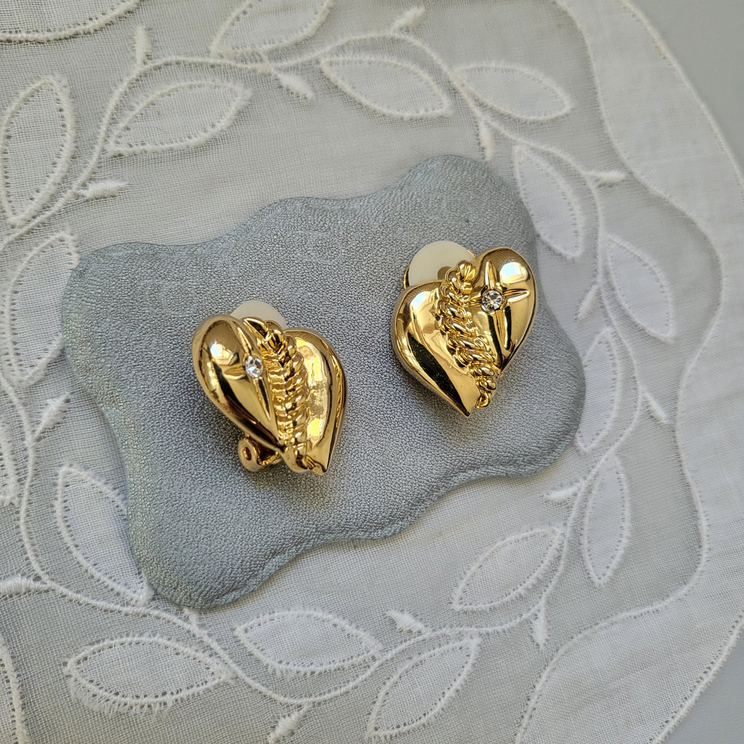 Clip on - Gold Heart and Crystal Clip on Earrings