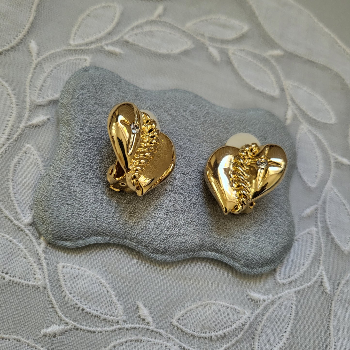 Clip on - Gold Heart and Crystal Clip on Earrings