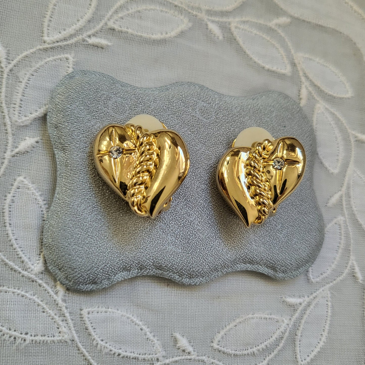 Clip on - Gold Heart and Crystal Clip on Earrings