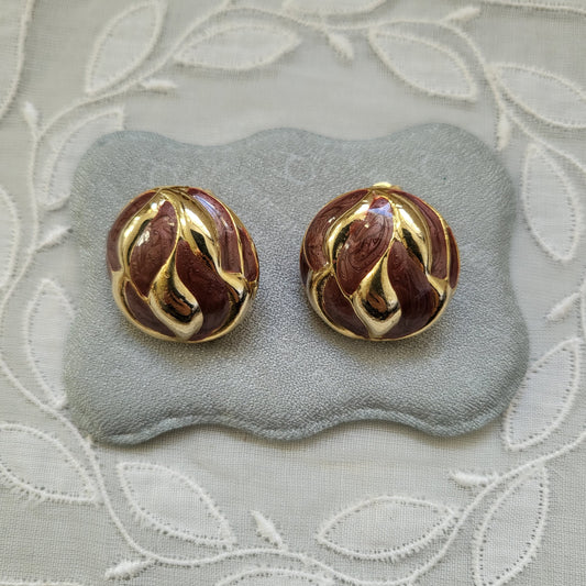 Clip on - Red Brown Enamel Round Clip On Earrings