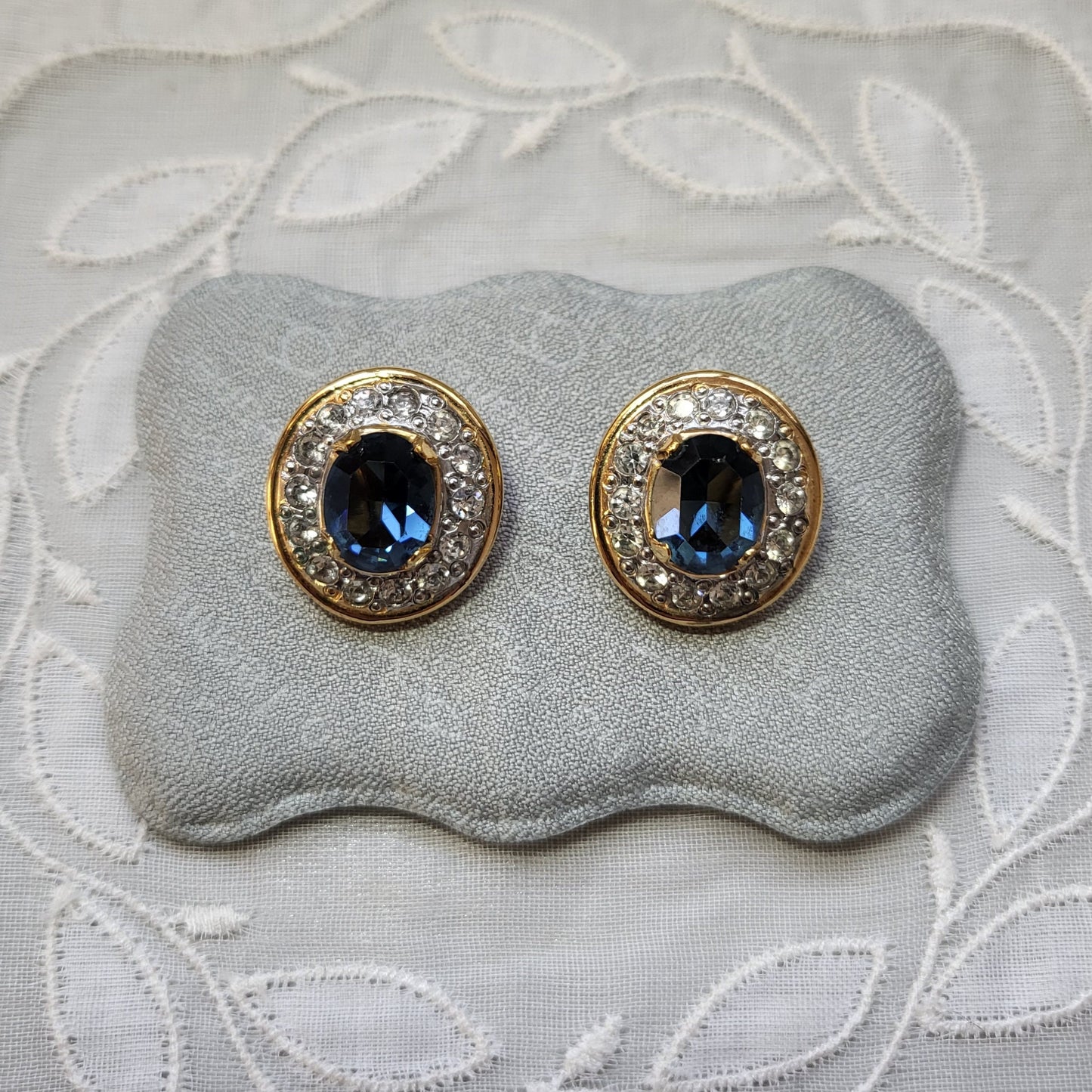 Clip on - Vogue Bijoux Oval Blue and Clear Crystal Clip on Earrings