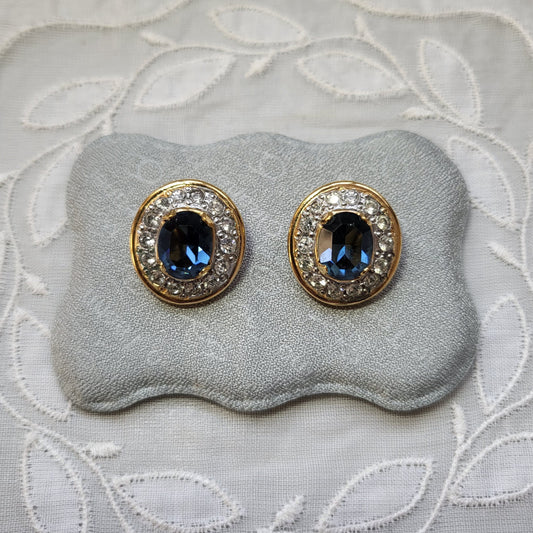 Clip on - Vogue Bijoux Oval Blue and Clear Crystal Clip on Earrings