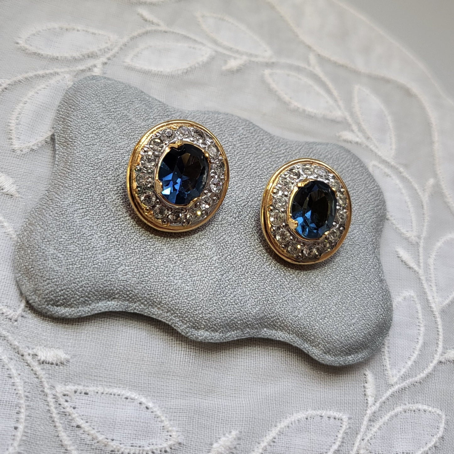 Clip on - Vogue Bijoux Oval Blue and Clear Crystal Clip on Earrings