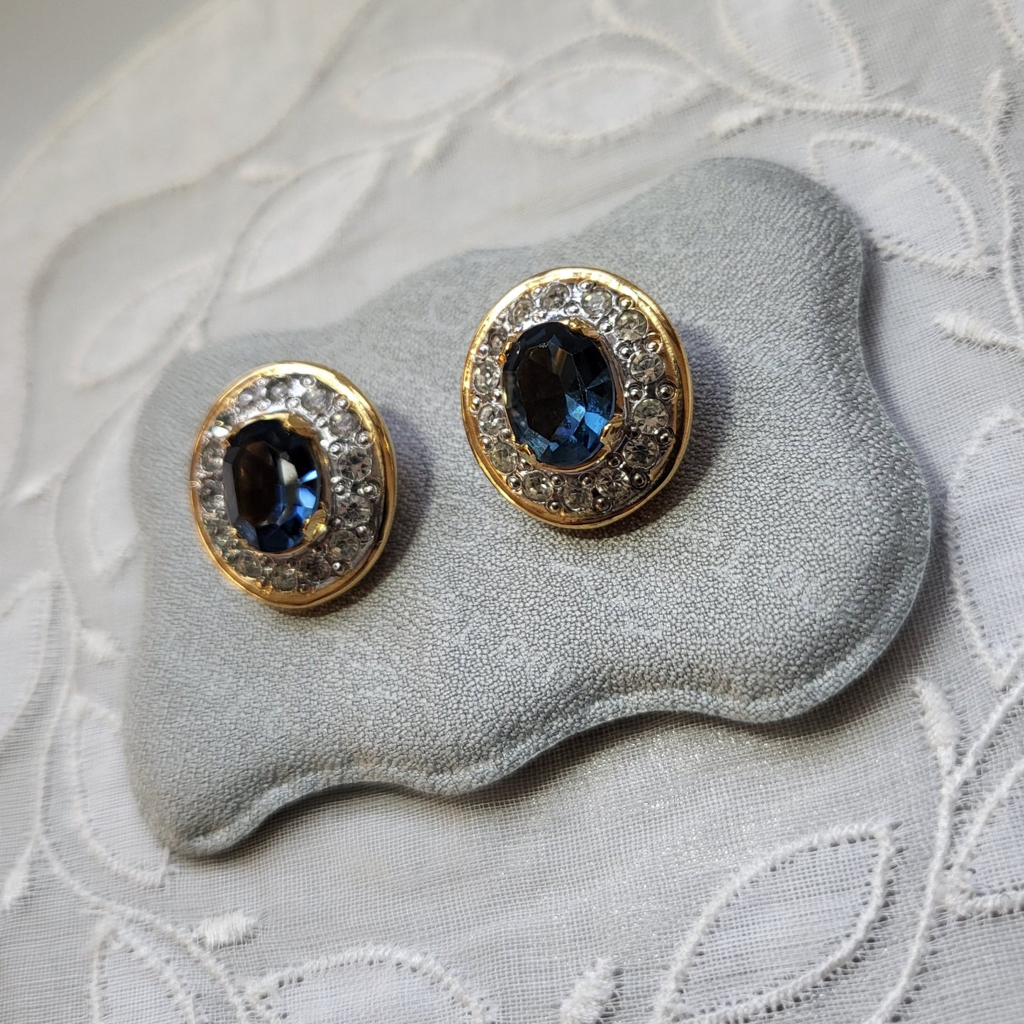 Clip on - Vogue Bijoux Oval Blue and Clear Crystal Clip on Earrings