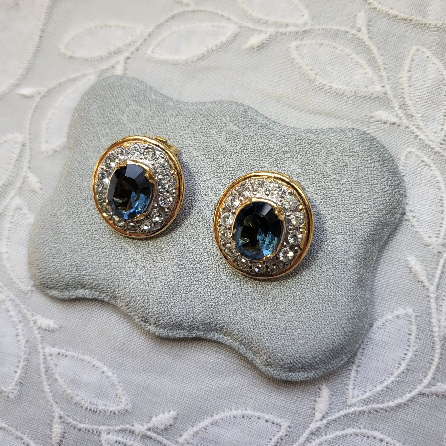 Clip on - Vogue Bijoux Oval Blue and Clear Crystal Clip on Earrings