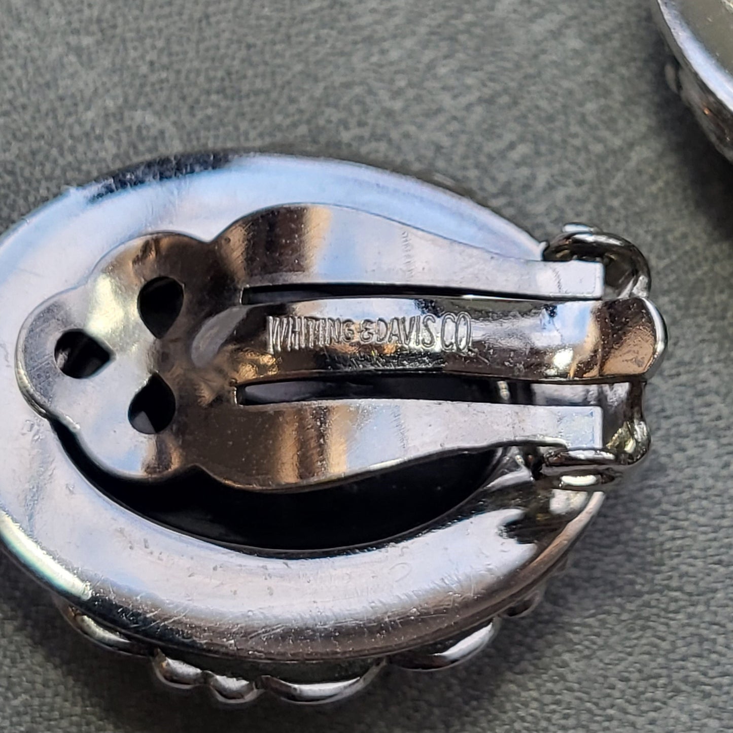 Set - Whiting and Davis Black and Silver Cameo Brooch and Earrings