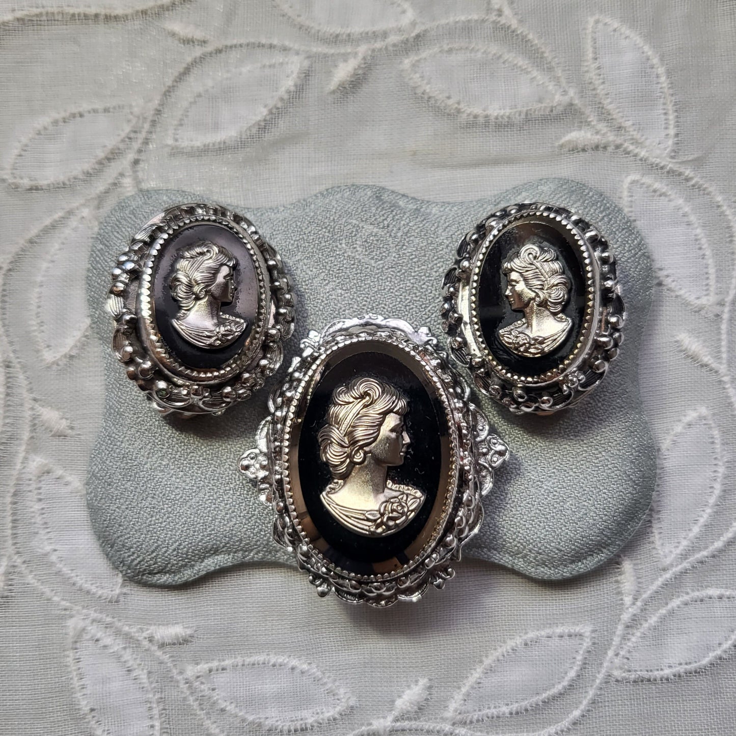 Set - Whiting and Davis Black and Silver Cameo Brooch and Earrings