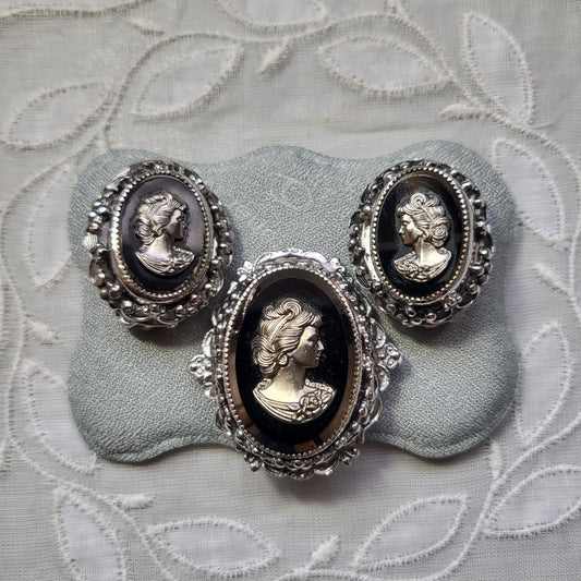 Set - Whiting and Davis Black and Silver Cameo Brooch and Earrings