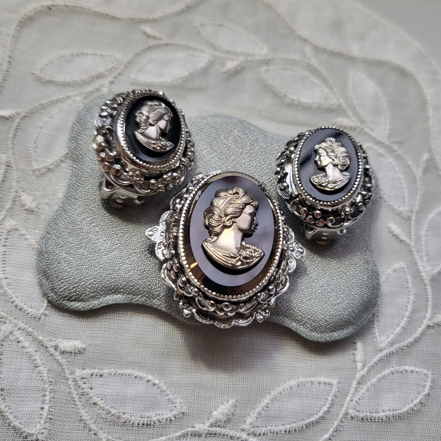 Set - Whiting and Davis Black and Silver Cameo Brooch and Earrings