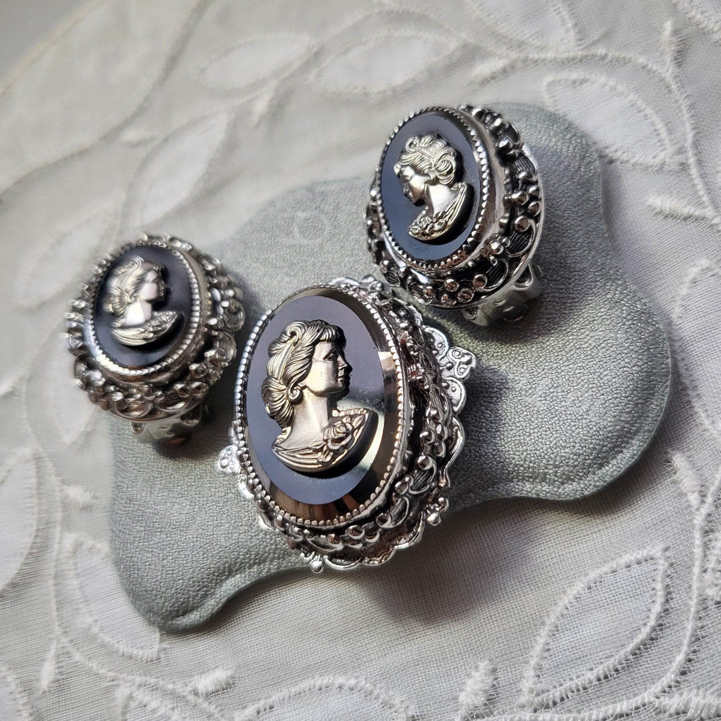 Set - Whiting and Davis Black and Silver Cameo Brooch and Earrings