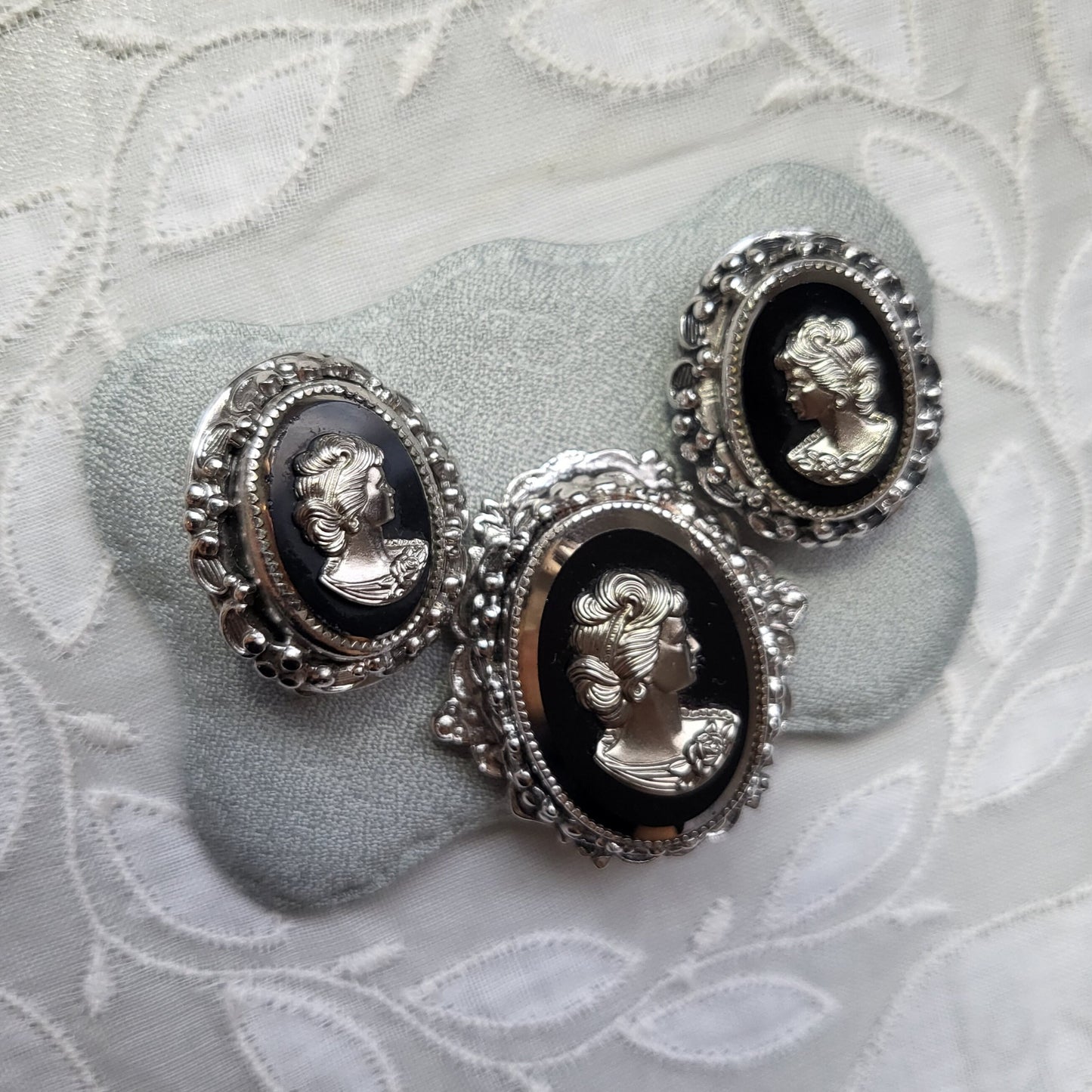 Set - Whiting and Davis Black and Silver Cameo Brooch and Earrings