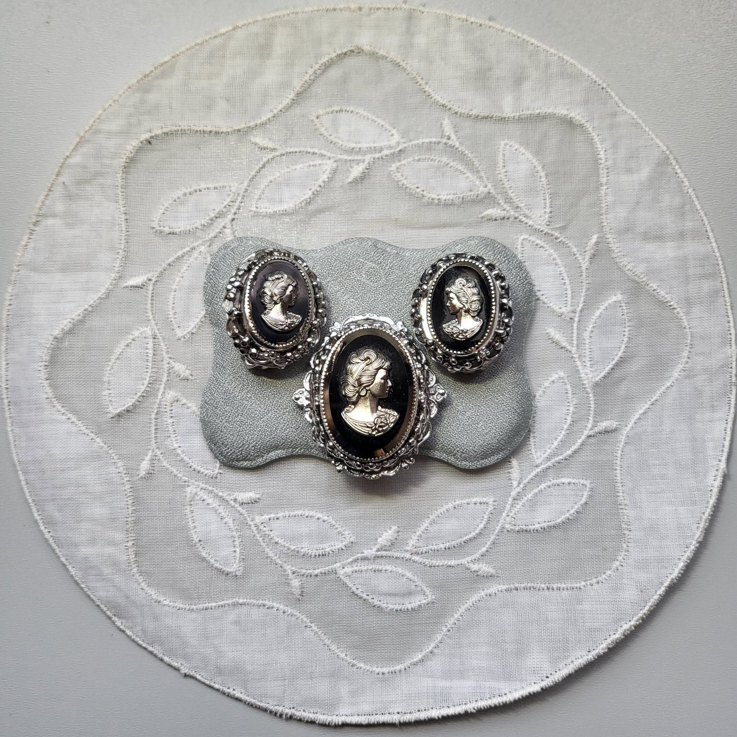 Set - Whiting and Davis Black and Silver Cameo Brooch and Earrings