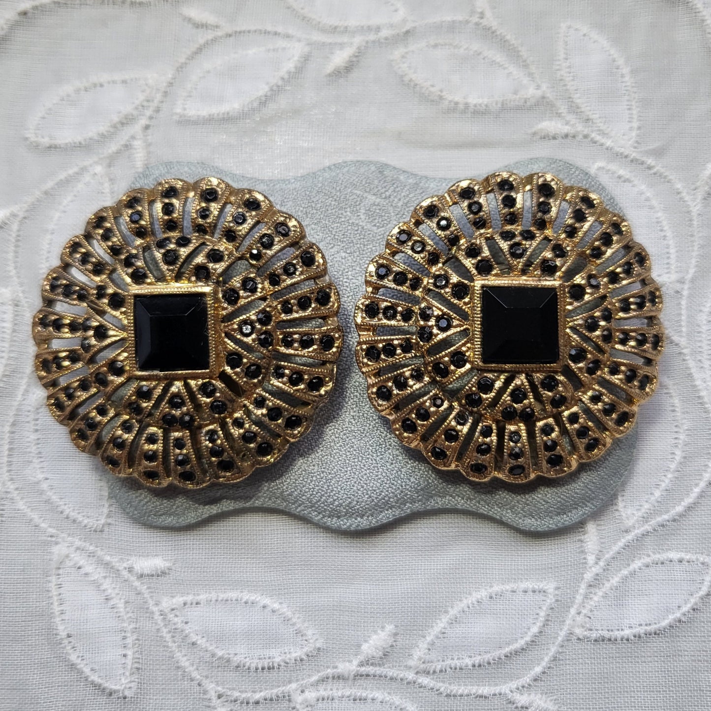 Clip on - Les Bernard Black Crystal Flower Clip On Earrings