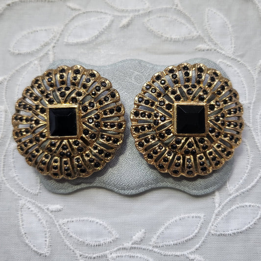 Clip on - Les Bernard Black Crystal Flower Clip On Earrings