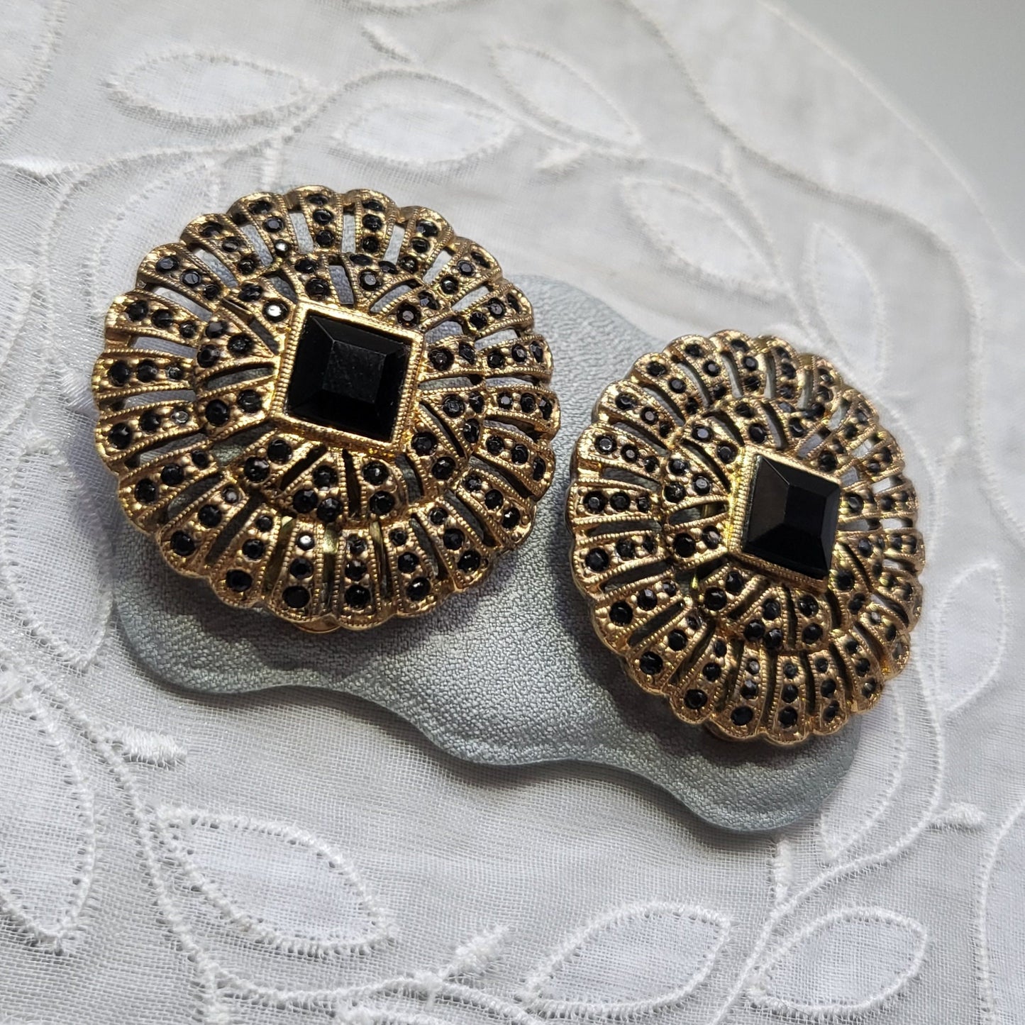 Clip on - Les Bernard Black Crystal Flower Clip On Earrings