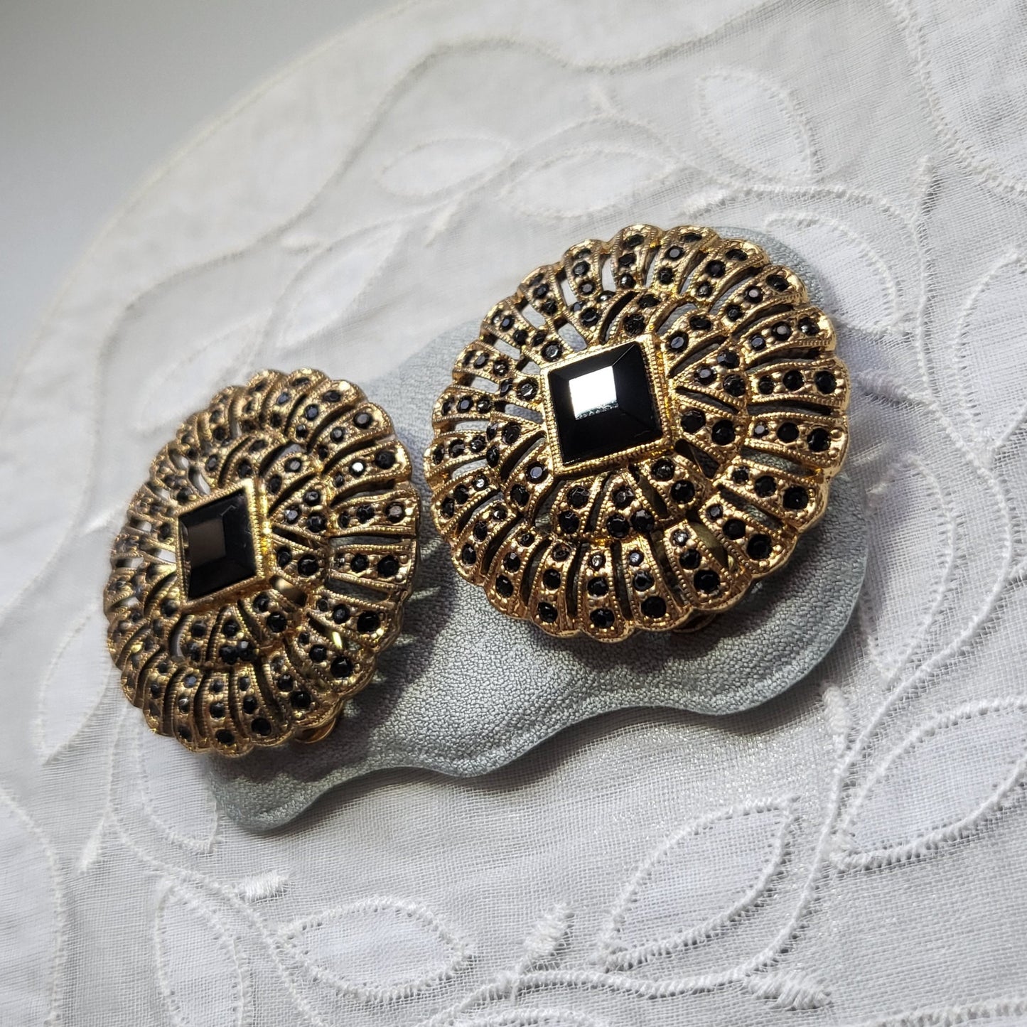 Clip on - Les Bernard Black Crystal Flower Clip On Earrings