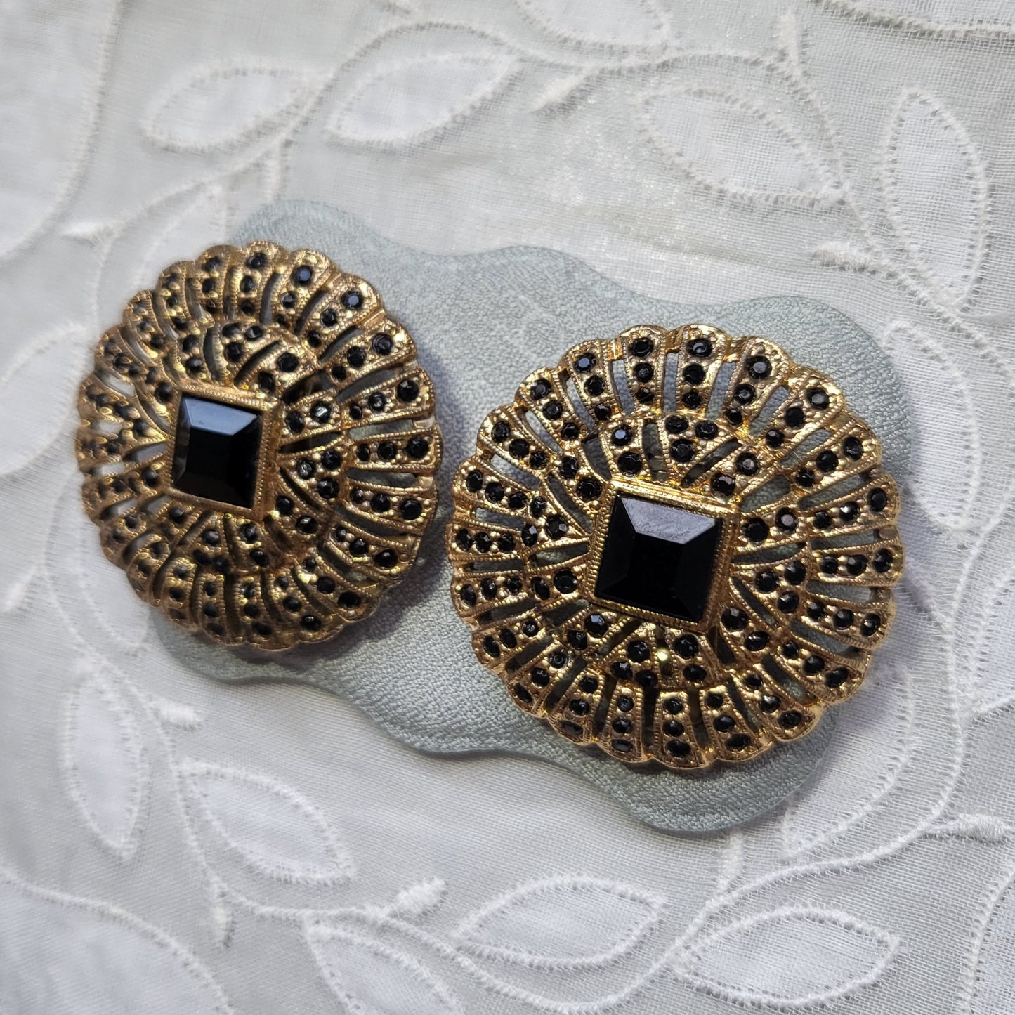 Clip on - Les Bernard Black Crystal Flower Clip On Earrings
