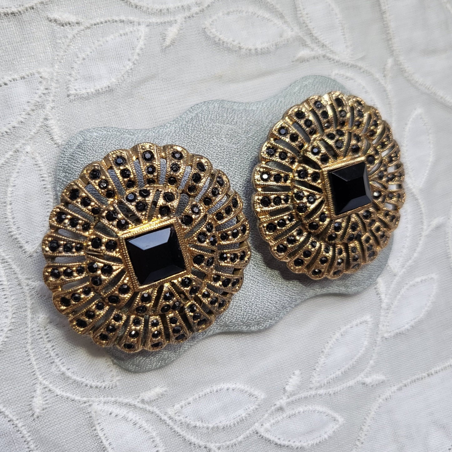 Clip on - Les Bernard Black Crystal Flower Clip On Earrings