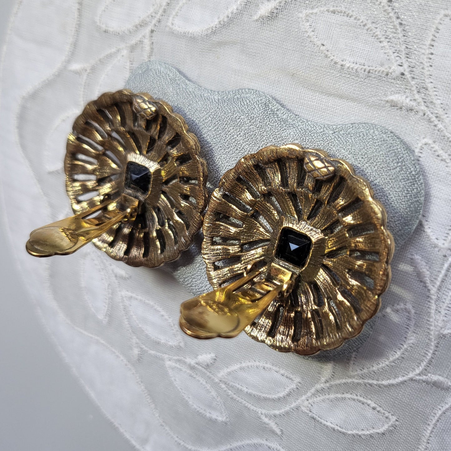 Clip on - Les Bernard Black Crystal Flower Clip On Earrings