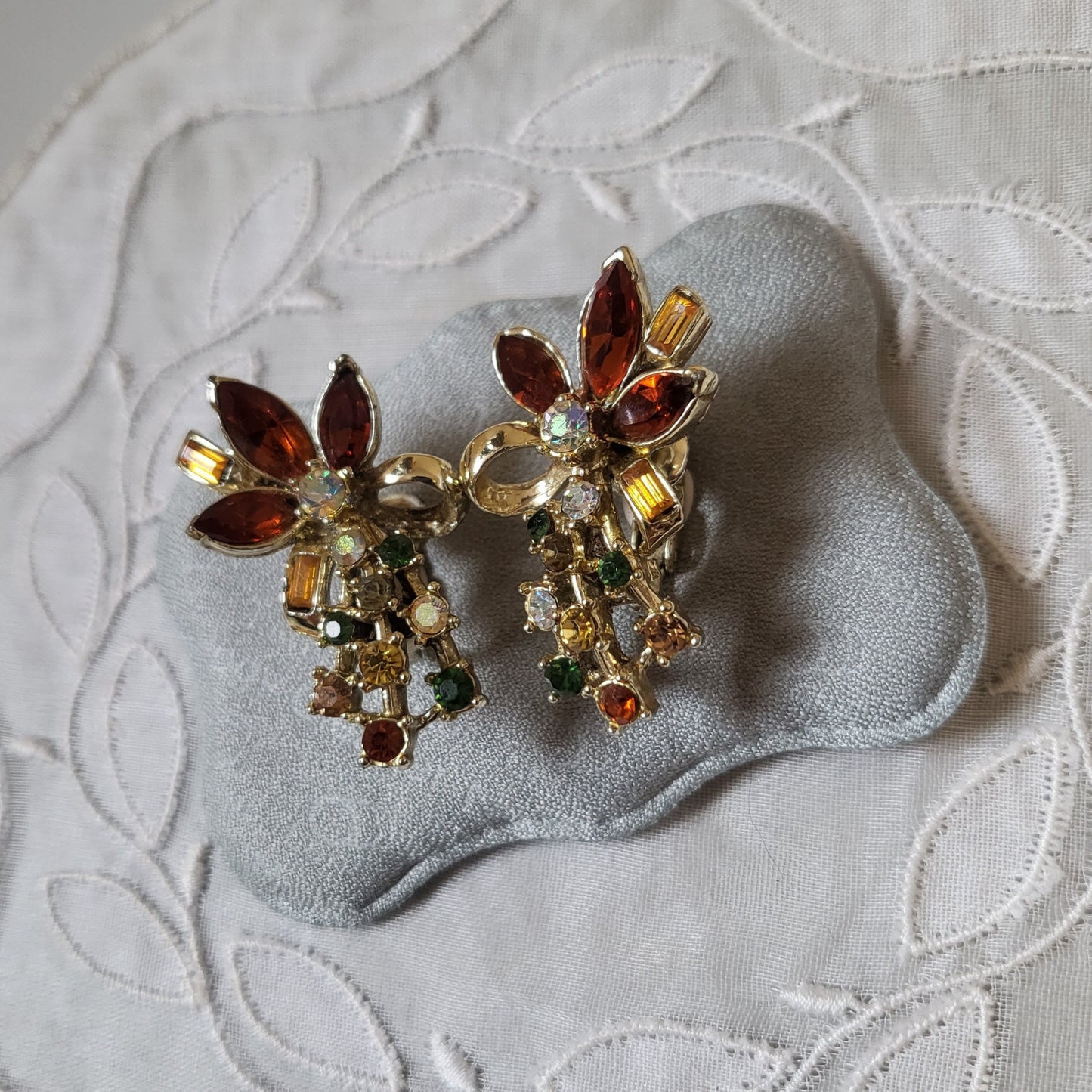 Clip on - Orange Yellow and Green Crystal Flower Clip On Earrings