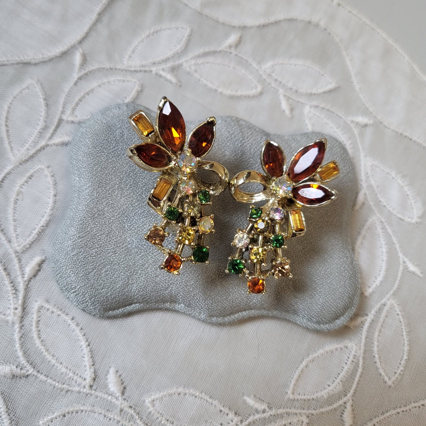 Clip on - Orange Yellow and Green Crystal Flower Clip On Earrings