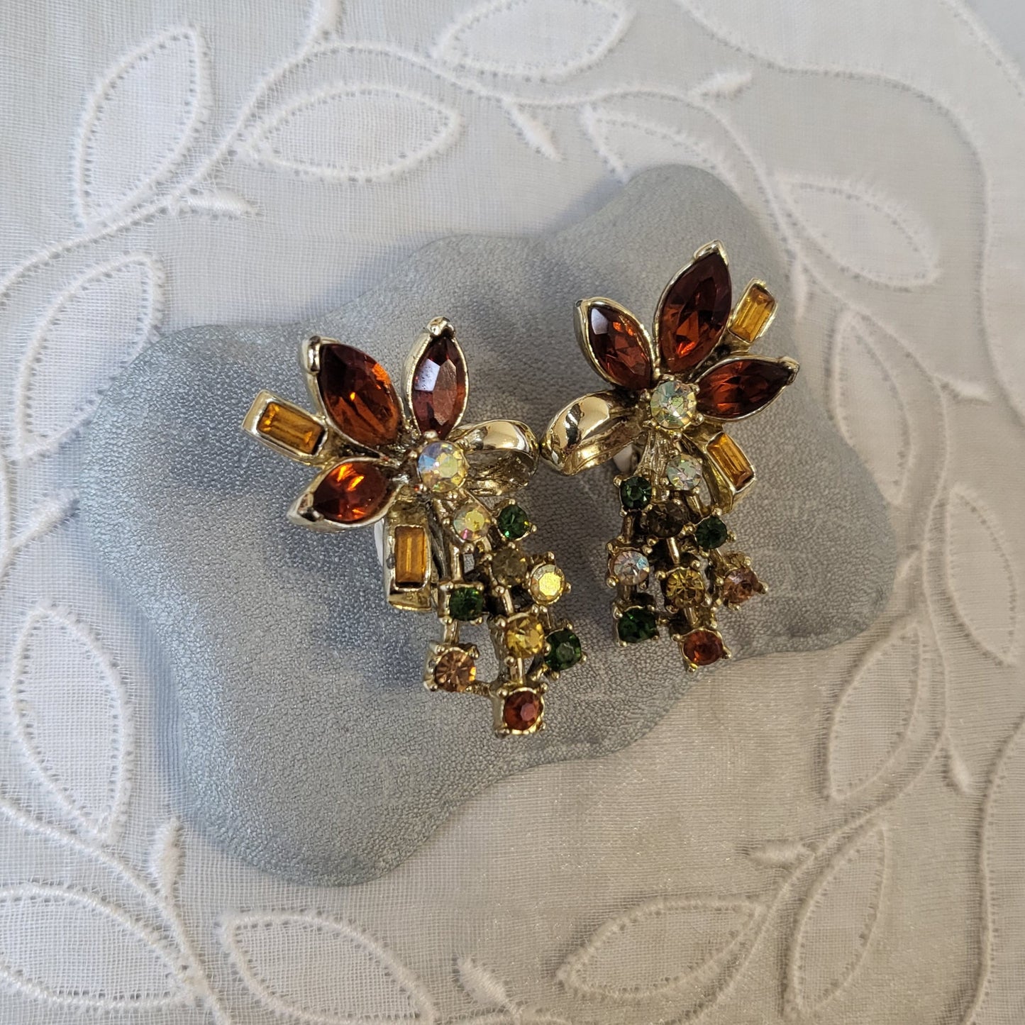 Clip on - Orange Yellow and Green Crystal Flower Clip On Earrings