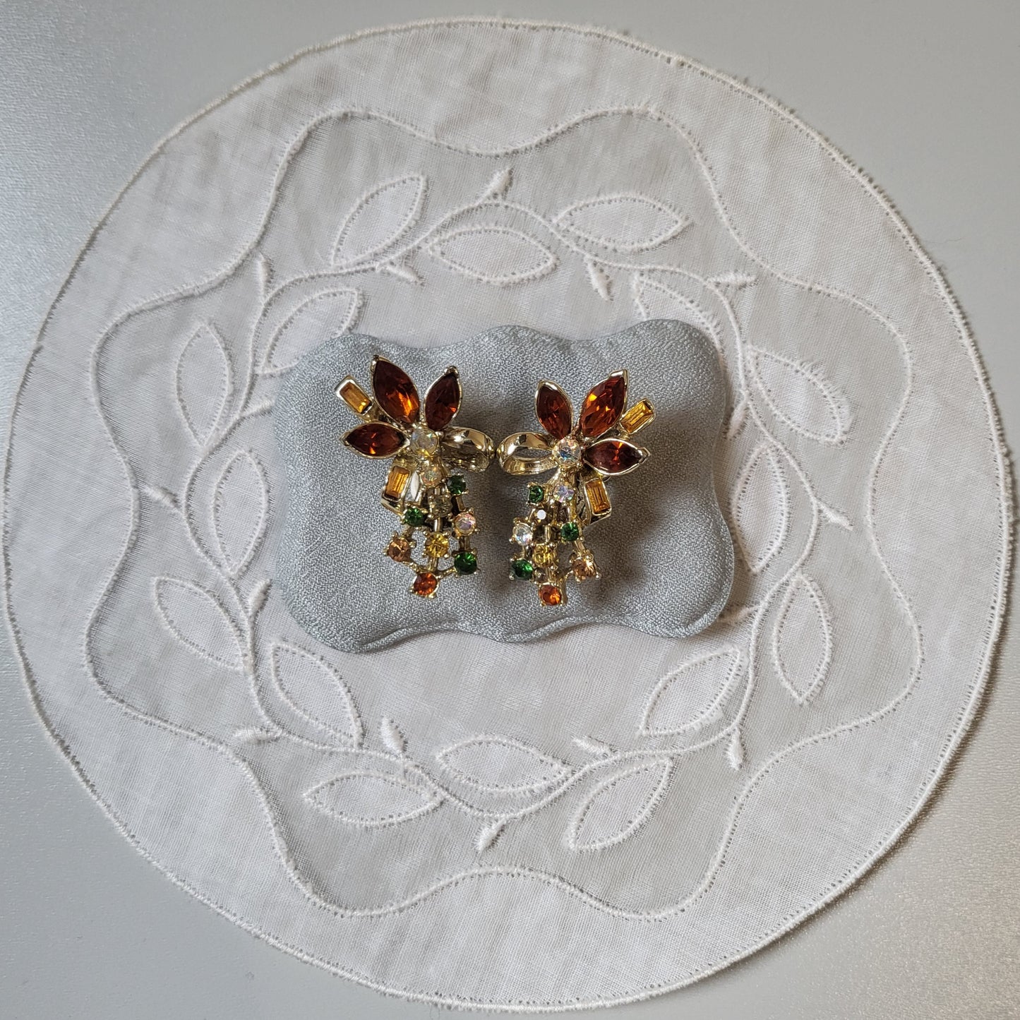 Clip on - Orange Yellow and Green Crystal Flower Clip On Earrings